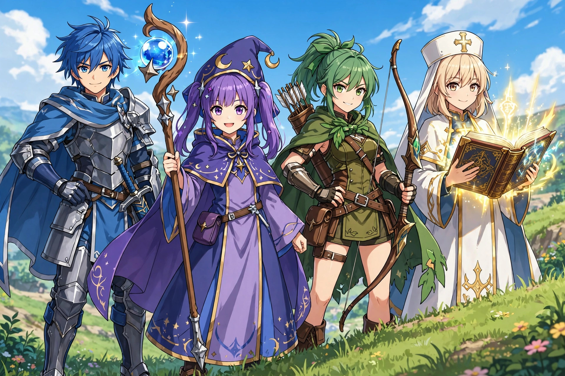 Four anime heroes: swordsman, mage, archer and priest