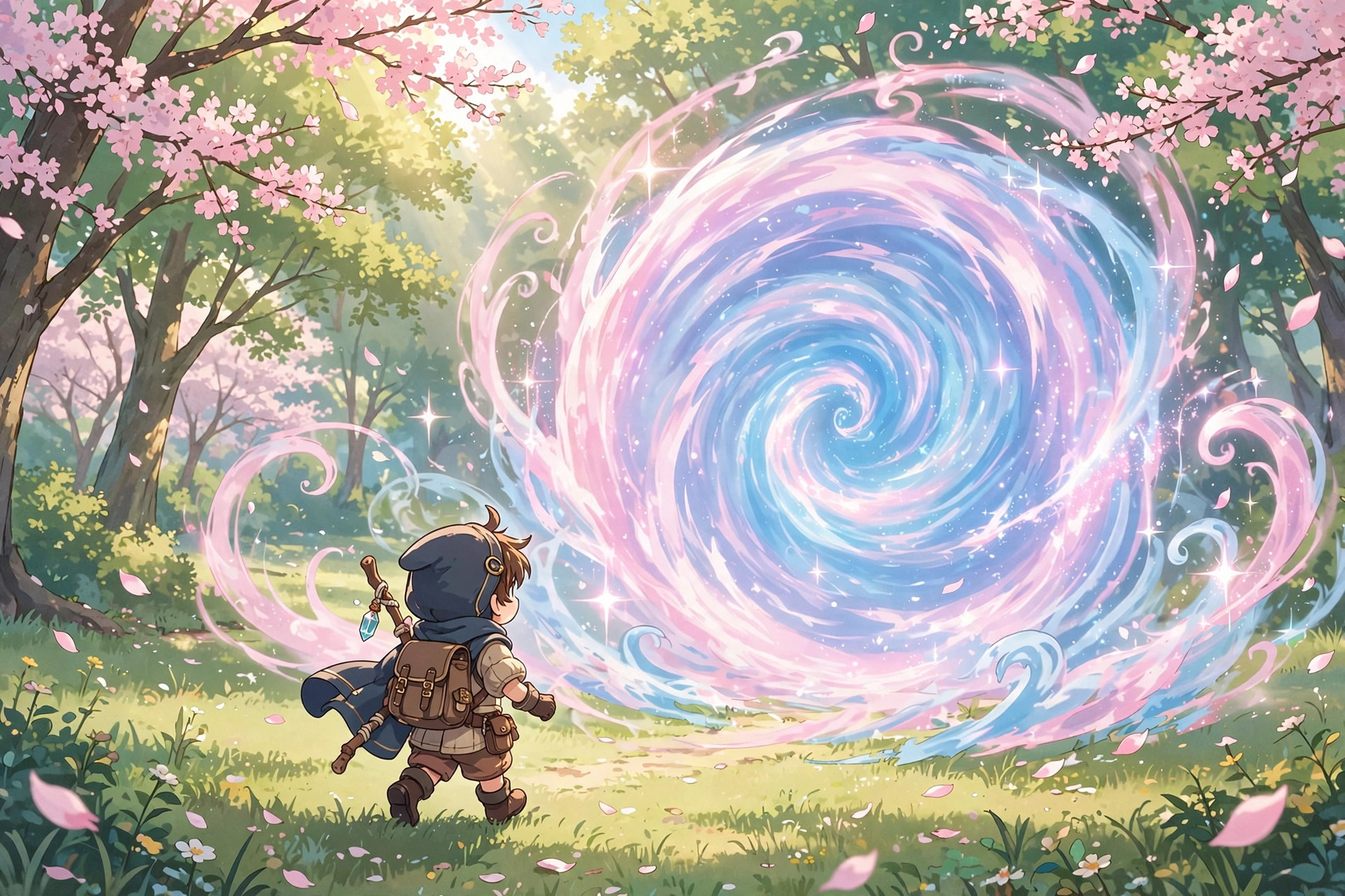 Adventurer stepping through a pastel portal in a cherry-blossom forest
