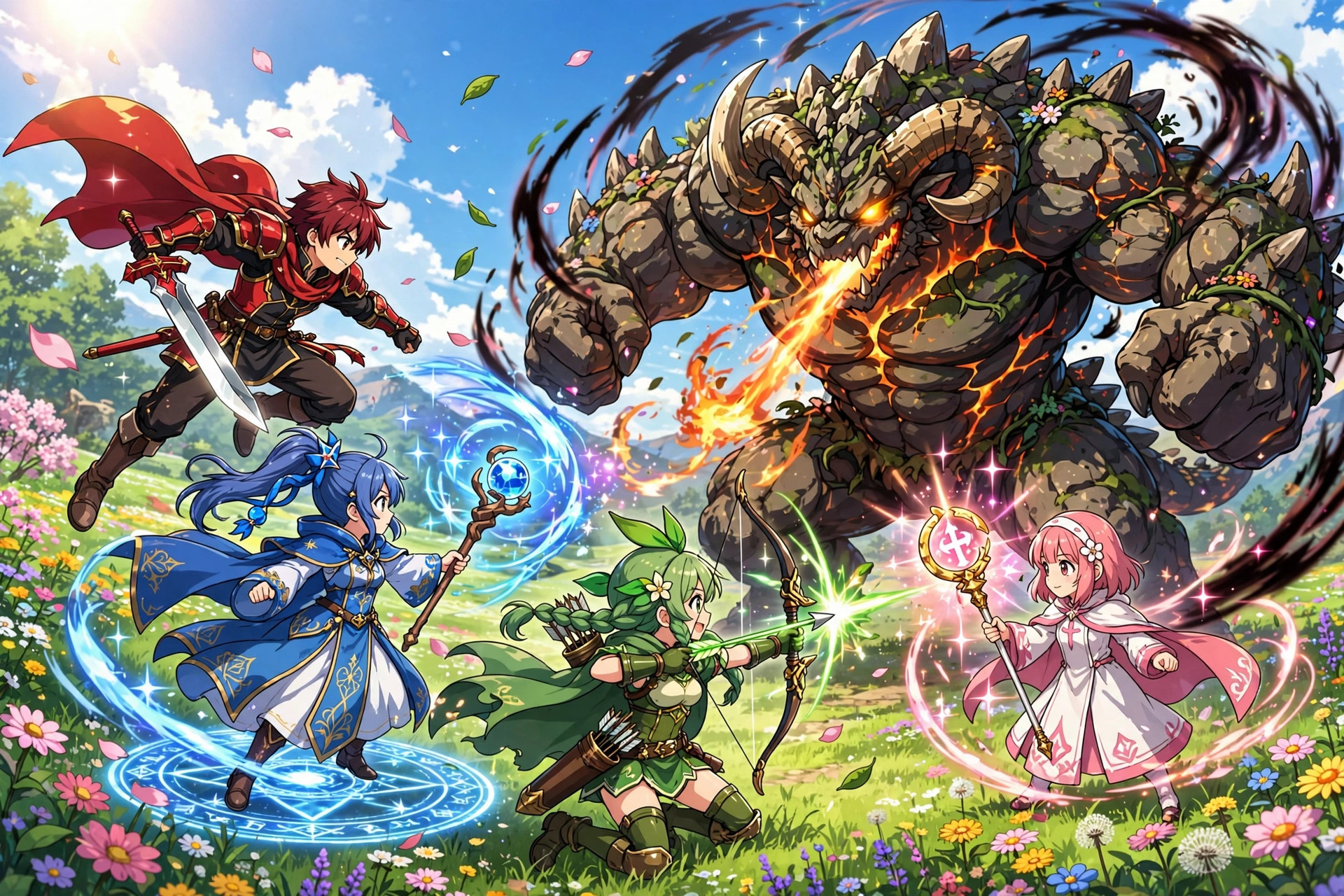 Guild party battling a giant MVP boss in a flower meadow